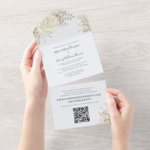 Elegant Watercolor Floral Ivory Foliage QR Code  All In One Invitation