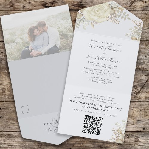 Elegant Watercolor Floral Ivory Photo QR Code  All In One Invitation