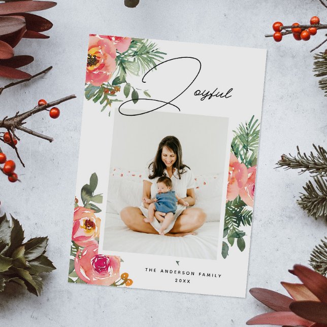 Elegant Watercolor Floral | Joyful Christmas Photo Holiday Card (Creator Uploaded)