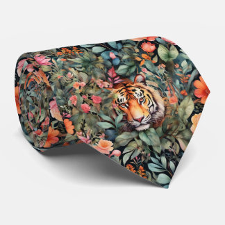 Elegant watercolor floral jungle and tiger neck tie