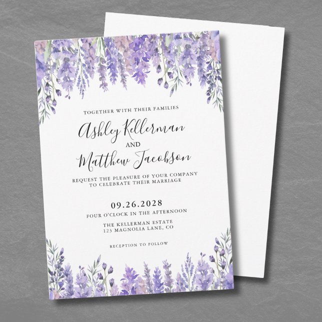 Elegant Watercolor Floral Lavender Wedding Invitation (Elegant Watercolor Flowers Lavender Wedding Invitation)