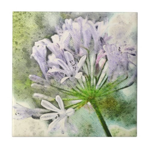 Elegant Watercolor Floral Lily of the Nile Ceramic Tile