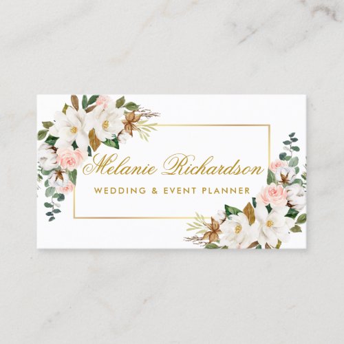 Elegant Watercolor Floral Magnolias Roses Gold Business Card