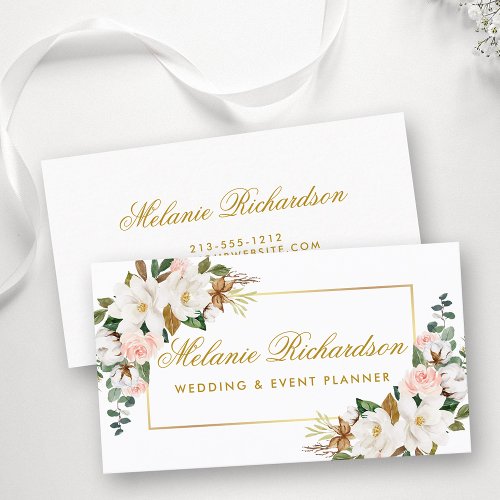 Elegant Watercolor Floral Magnolias Roses Gold Business Card