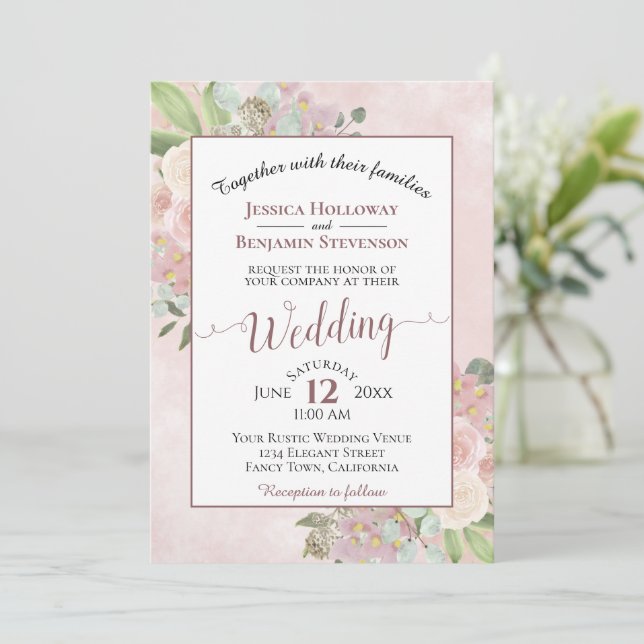 Elegant Watercolor Floral Mauve Pink Boho Wedding  Invitation (Standing Front)