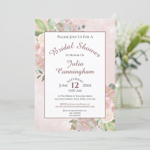 Elegant Watercolor Floral Mauve Pink Bridal Shower Invitation