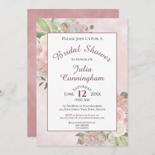Elegant Watercolor Floral Mauve Pink Bridal Shower Invitation