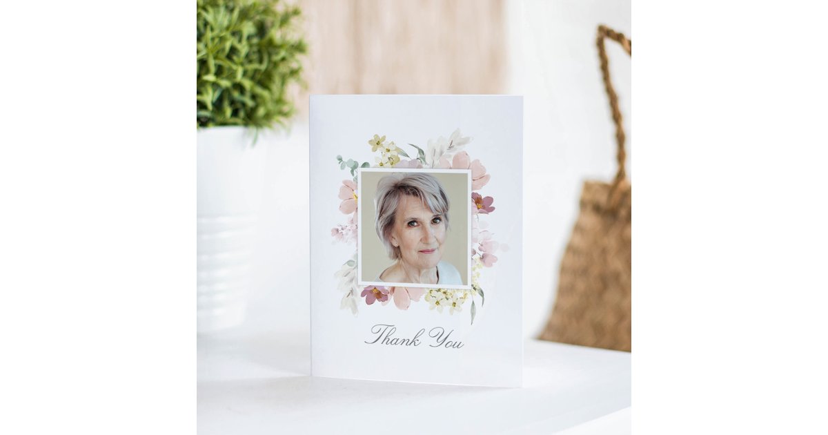 Elegant Watercolor Floral Memorial Photo Folded Thank You Card | Zazzle