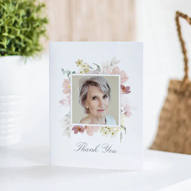 Elegant Watercolor Floral Memorial Photo Folded Thank You Card | Zazzle