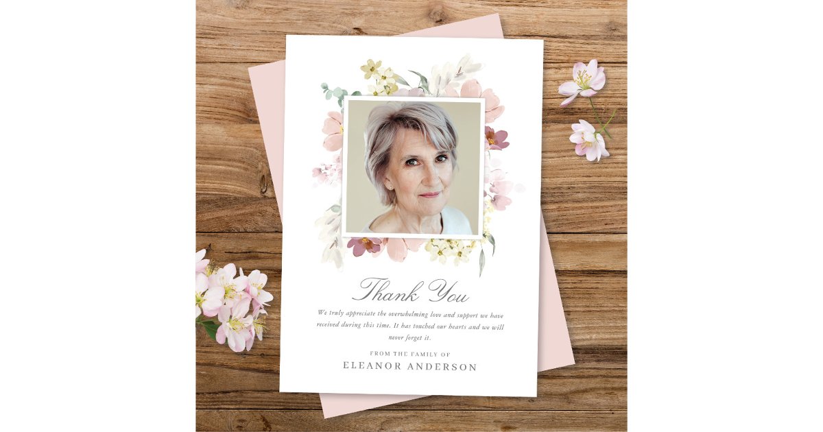 Elegant Watercolor Floral Memorial Photo Thank You Card | Zazzle