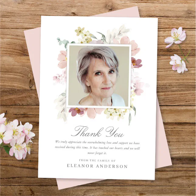 Elegant Watercolor Floral Memorial Photo Thank You Card | Zazzle