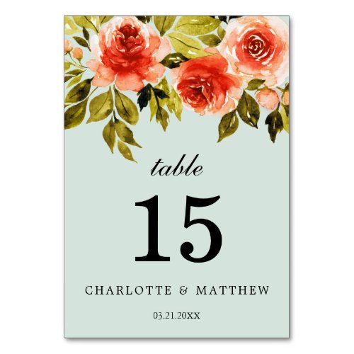 Elegant Watercolor Floral Mint Green Wedding Table Number