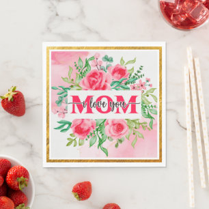 Elegant Watercolor Floral "MOM I Love You" Mother' Napkins