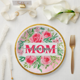 Elegant Watercolor Floral "MOM I Love You" Mother' Paper Plates