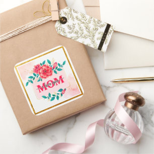 Elegant Watercolor Floral "MOM I Love You" Mother' Square Sticker