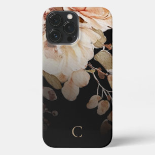 Elegant Watercolor Floral Monogram Black iPhone 13 Pro Max Case
