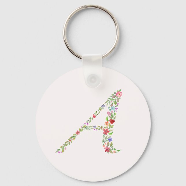 Elegant Watercolor Floral Monogram Letter A Keychain (Front)