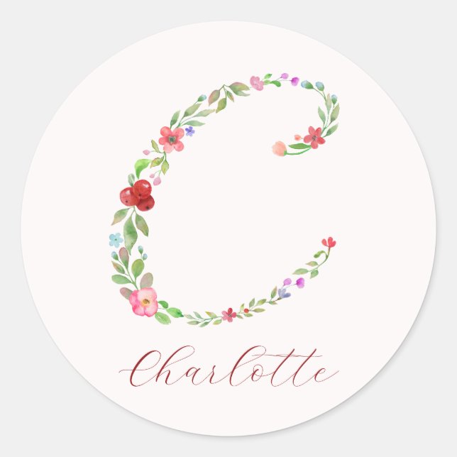 Elegant Watercolor Floral Monogram Letter C Classic Round Sticker (Front)