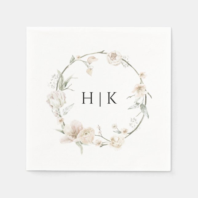 Elegant Watercolor Floral Monogram Paper Napkin (Front)