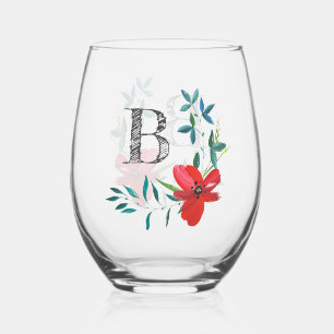 Elegant Watercolor Floral Monogram Stemless Wine Glass