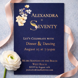 Elegant Watercolor Floral Navy 70th Birthday  Foil Invitation