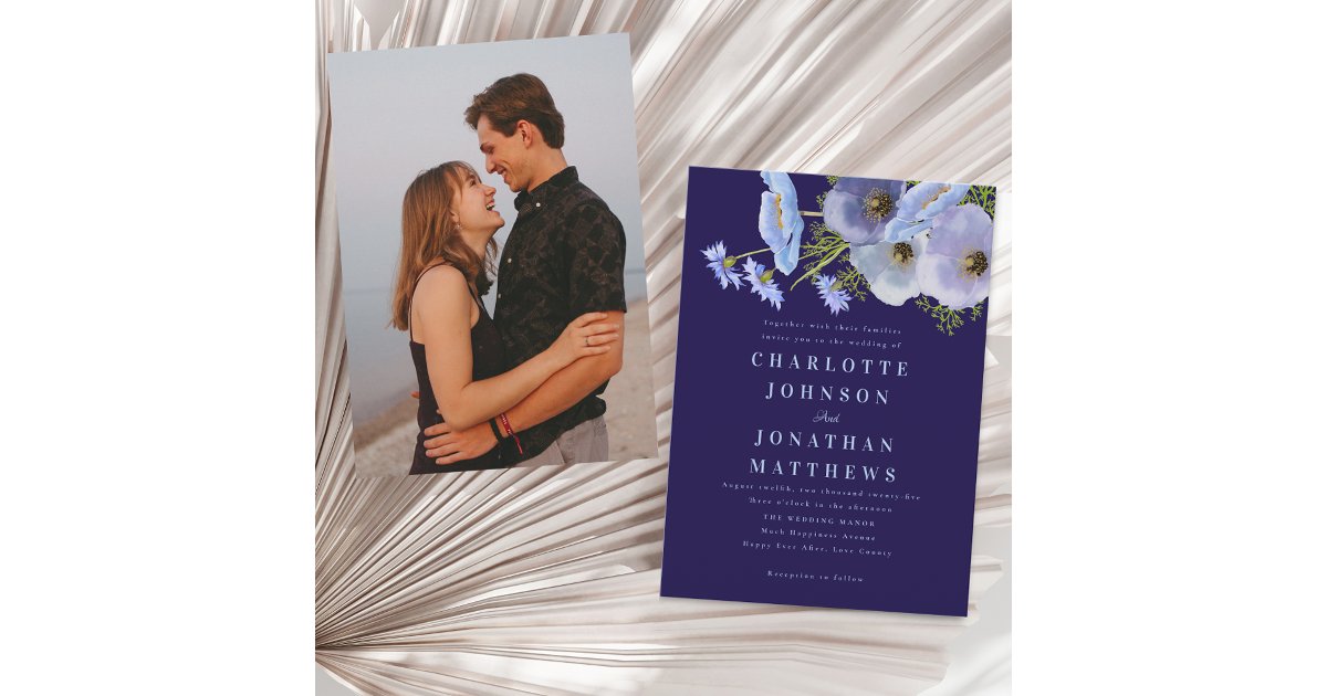 Elegant Watercolor Floral Navy Blue Photo Wedding Invitation | Zazzle