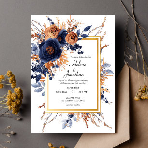 Elegant Watercolor Floral Navy Blue Rust Wedding Invitation