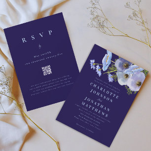 Elegant Watercolor Floral Navy Wedding QR Code Invitation