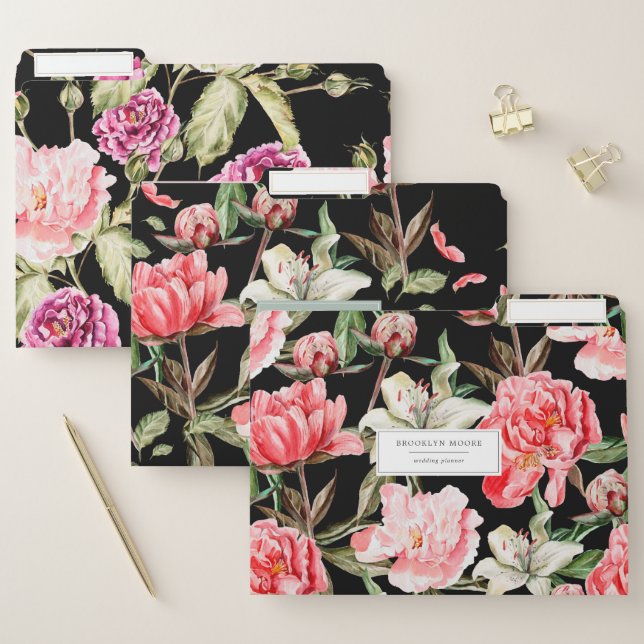 Elegant Watercolor Floral on Black Personalized File Folder (Set)