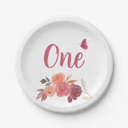 Elegant Watercolor Floral One 1st Birthday Paper Plates