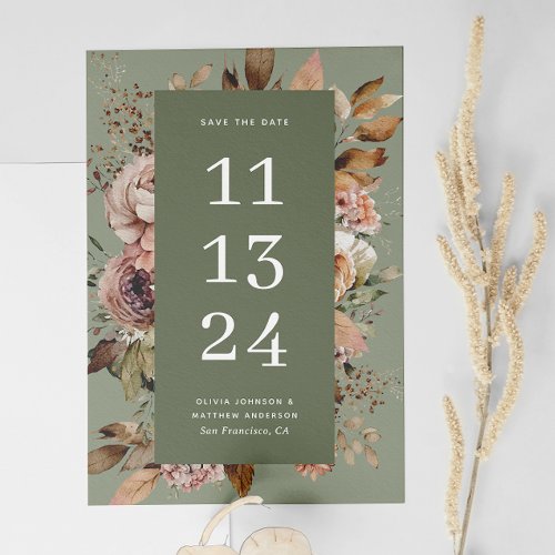 Elegant watercolor floral pale sage green wedding save the date