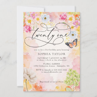 Elegant Watercolor Floral Pastel 21st birday party Invitation