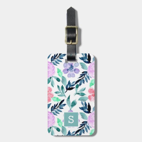 Elegant Watercolor Floral Pattern Monogram Luggage Tag