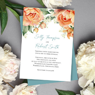 Elegant Watercolor Floral Peach Blue Wedding  Invitation