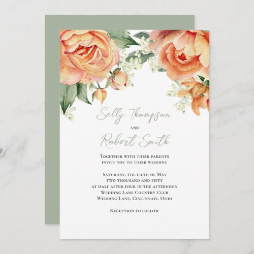 Elegant Watercolor Floral Peach Wedding  Invitation