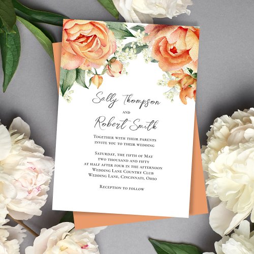 Elegant Watercolor Floral Peach Wedding  Invitation