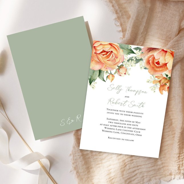 Elegant Watercolor Floral Peach Wedding  Invitation (Peach floral elegant invitation)
