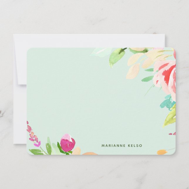 Elegant Watercolor Floral Personalized Mint Blue Note Card (Front)