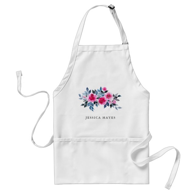 Elegant Watercolor Floral Personalized Name Adult Apron (Front)