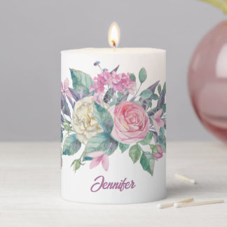 Elegant Watercolor Floral Personalized Pillar Candle