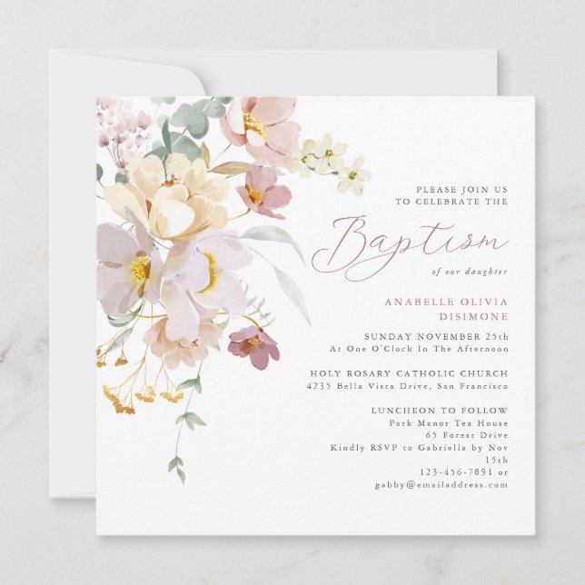 Elegant Watercolor Floral Photo Baptism Invitation (Front)