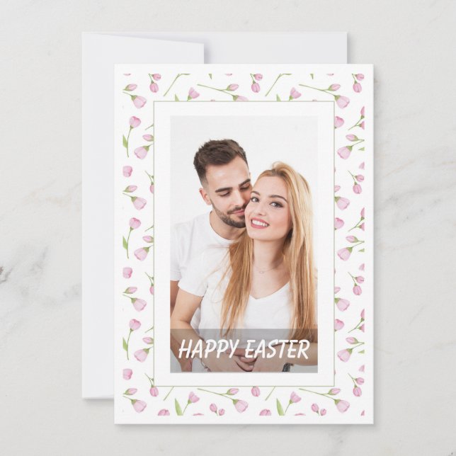 Elegant Watercolor Floral Photo Happy Easter  Holiday Card (Front)