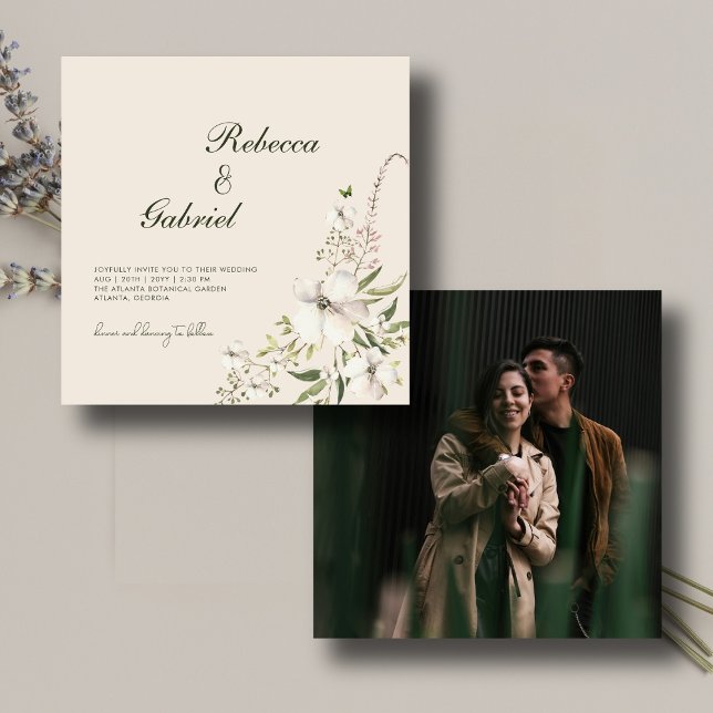 Elegant Watercolor Floral Photo Square Wedding Invitation (Creator Uploaded)