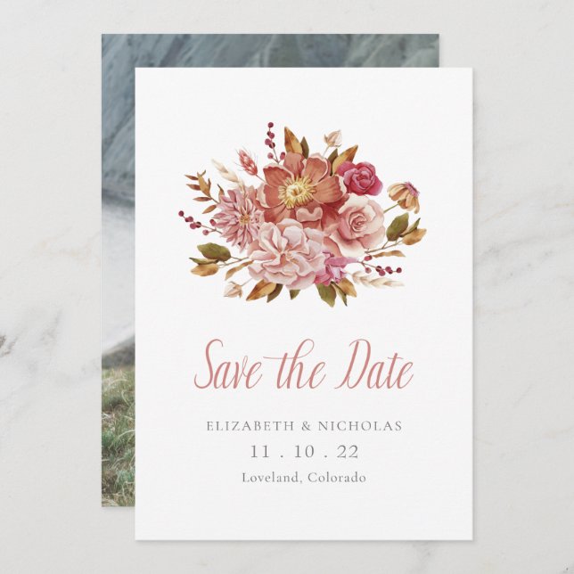Elegant Watercolor Floral Photo Wedding Save The Date (Front/Back)