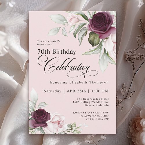 Elegant Watercolor Floral Pink 70th Birthday