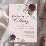 Elegant Watercolor Floral Pink 90th Birthday Invitation<br><div class="desc">Celebrate a special milestone birthday with this beautiful 90th birthday party invitation. It features elegant floral borders in burgundy and pink roses on each side of the elegantly placed text. Colors include pale blush pink, deep burgundy red and plum mixed with ethereal greenery and tiny white accent flowers on a...</div>