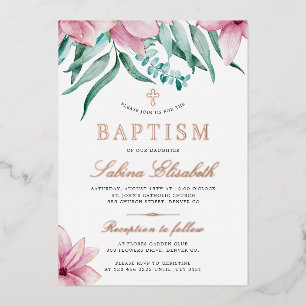 Elegant watercolor floral pink baptism cross foil invitation