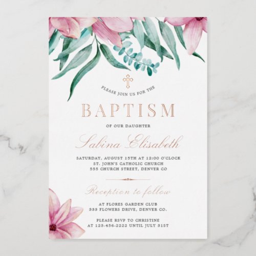 Elegant watercolor floral pink baptism cross foil invitation