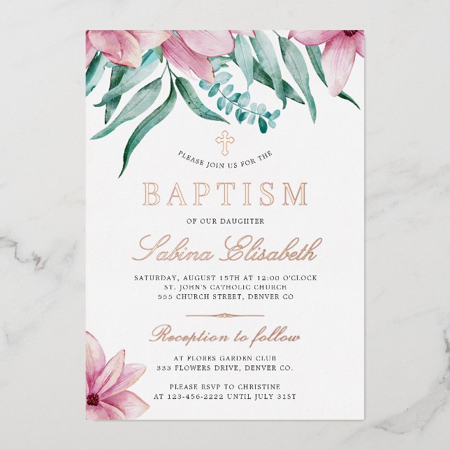 Elegant watercolor floral pink baptism cross foil invitation (Front)