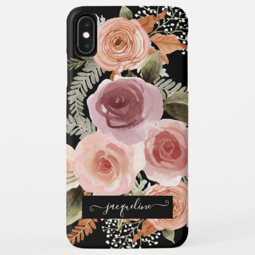 Elegant Watercolor Floral Pink Black Script Name iPhone XS Max Case